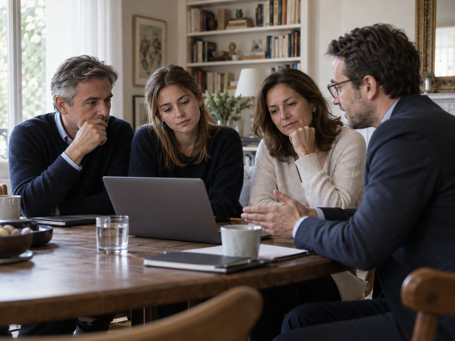 Famiglia riunita con un consulente per proteggere la propria reputazione digitale